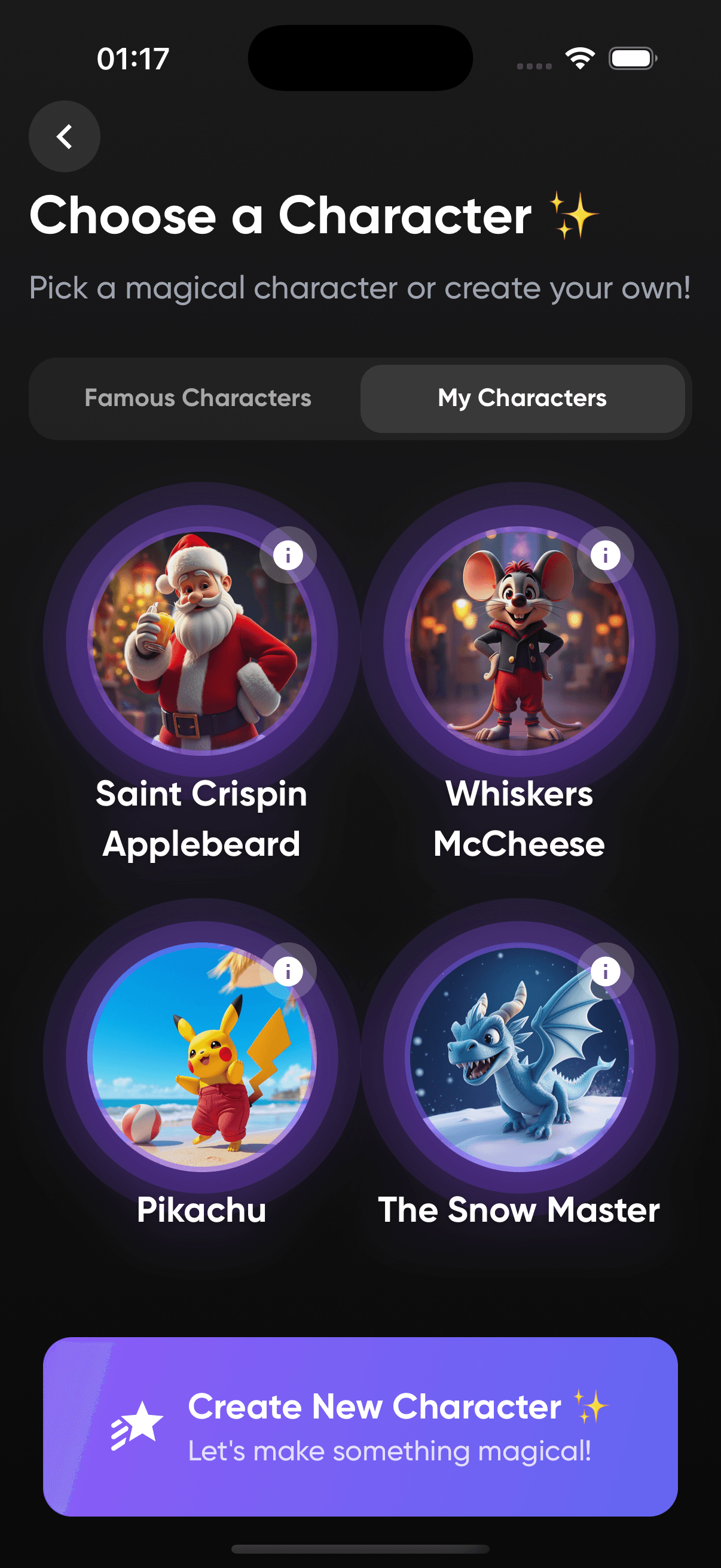 Choose characters in Magitale app