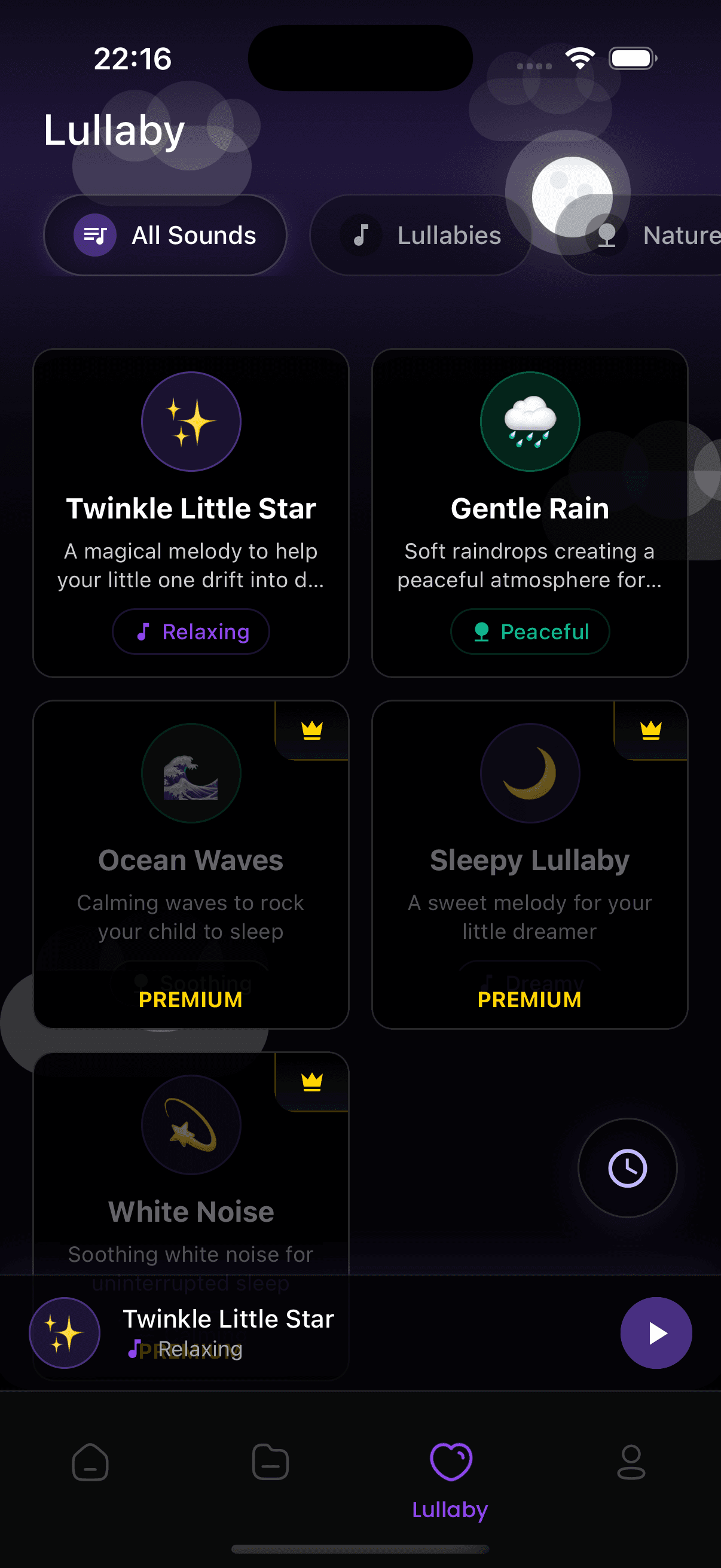 Lullabies screen in Magitale app